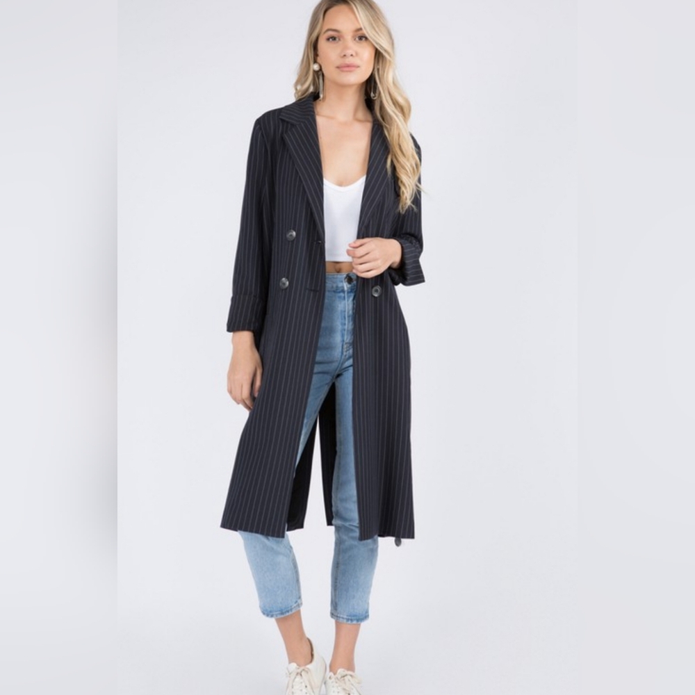 🛑Deal Of The Day🛑Navy Pinstripe Long Sleeve Trench Coat